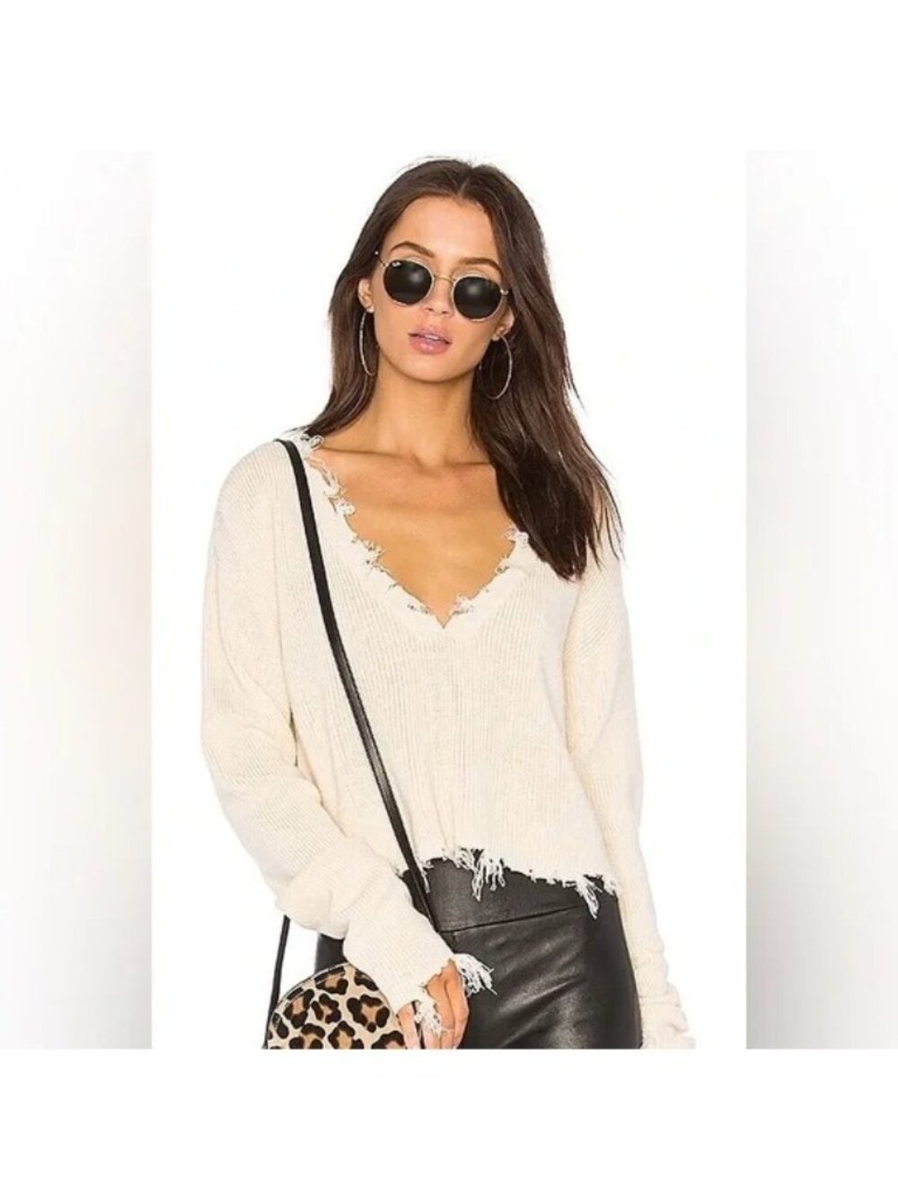Lovers + Friends Prospect Wool Blend Distressed V Neck Sweater in Cream White Si
